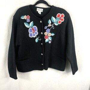 Vintage Dalton Cardigan Womens M Black Boiled Wool Embroidery Floral Boho Artsy